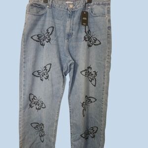 Women's Blue Jeans with Butterfly Print